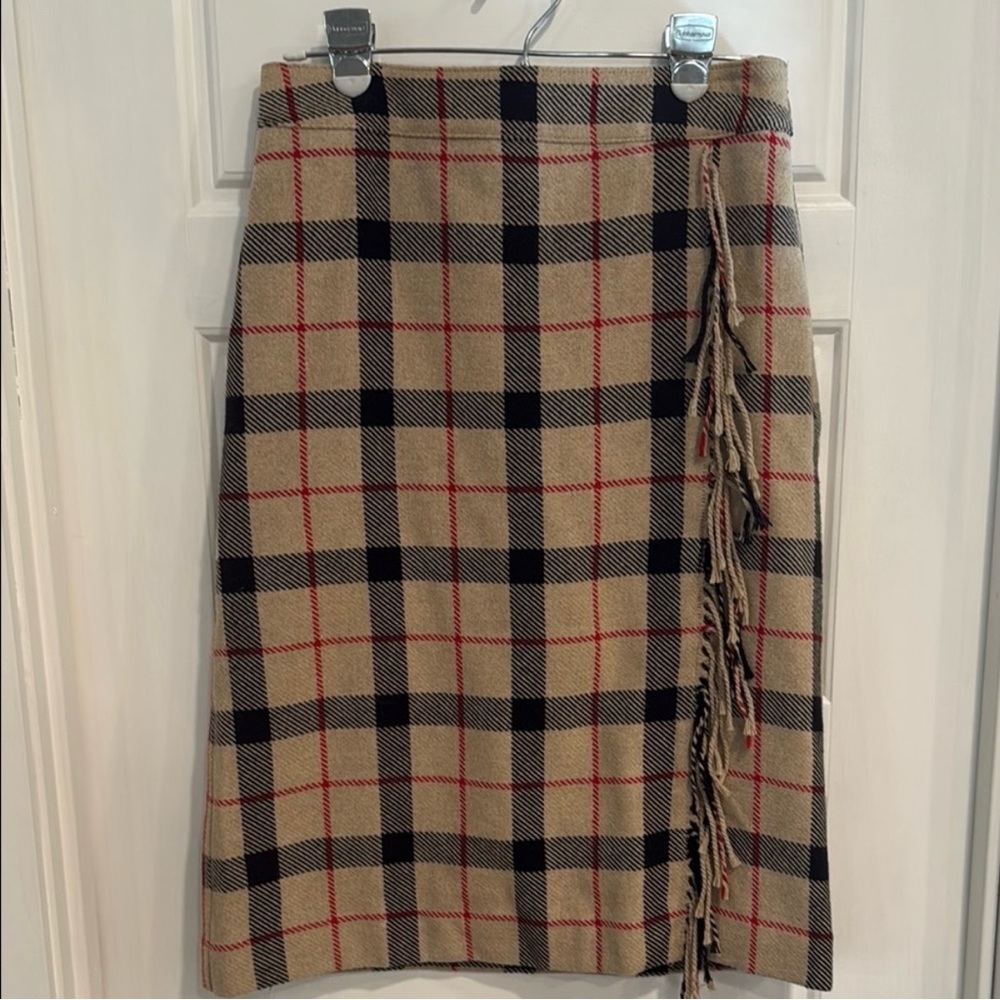 Talbots Plaid Fringe Midi Skirt Tan Black Red Size 2 EUC